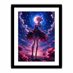 Anime fantasy girl standing in a glowing floral field under a celestial sky