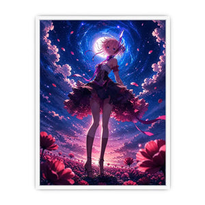 Anime fantasy girl standing in a glowing floral field under a celestial sky