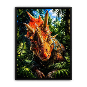 Vibrant triceratops dinosaur wall art with dramatic jungle foliage and bold cinematic colors in modern fantasy illustration style