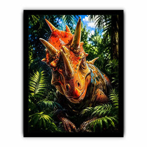 Vibrant triceratops dinosaur wall art with dramatic jungle foliage and bold cinematic colors in modern fantasy illustration style