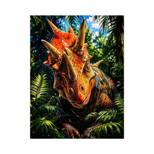 Vibrant triceratops dinosaur wall art with dramatic jungle foliage and bold cinematic colors in modern fantasy illustration style