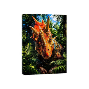Vibrant triceratops dinosaur wall art with dramatic jungle foliage and bold cinematic colors in modern fantasy illustration style