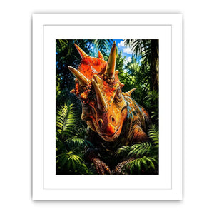 Vibrant triceratops dinosaur wall art with dramatic jungle foliage and bold cinematic colors in modern fantasy illustration style