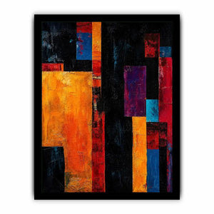 Bold geometric abstract wall art with vibrant orange blue red blocks and dark textured modern contemporary painting style