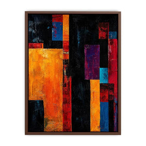 Bold geometric abstract wall art with vibrant orange blue red blocks and dark textured modern contemporary painting style