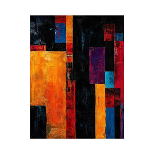 Bold geometric abstract wall art with vibrant orange blue red blocks and dark textured modern contemporary painting style