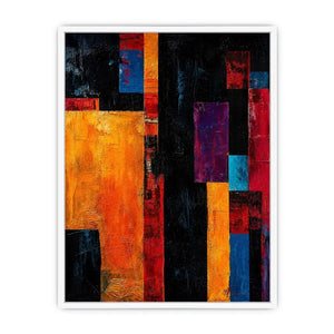 Bold geometric abstract wall art with vibrant orange blue red blocks and dark textured modern contemporary painting style