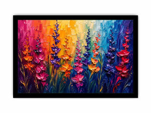 Vibrant abstract floral wall art with colorful textured flowers in pink purple orange and blue modern expressionist painting style