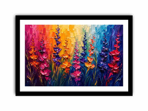 Vibrant abstract floral wall art with colorful textured flowers in pink purple orange and blue modern expressionist painting style