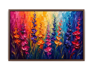 Vibrant abstract floral wall art with colorful textured flowers in pink purple orange and blue modern expressionist painting style