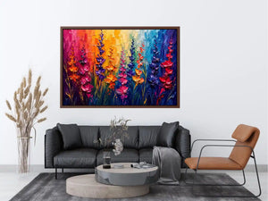 Vibrant abstract floral wall art with colorful textured flowers in pink purple orange and blue modern expressionist painting style