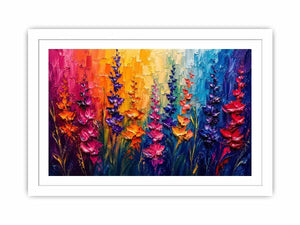 Vibrant abstract floral wall art with colorful textured flowers in pink purple orange and blue modern expressionist painting style