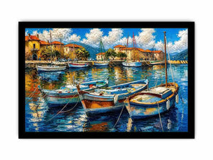 Luxury coastal harbor wall art with colorful fishing boats and soft water reflections in modern impressionist seaside painting style