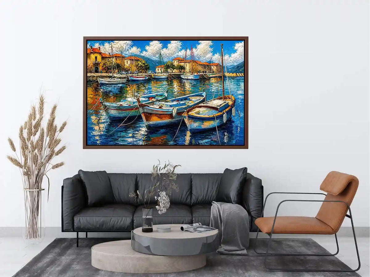 Luxury coastal harbor wall art with colorful fishing boats and soft water reflections in modern impressionist seaside painting style