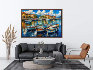 Luxury coastal harbor wall art with colorful fishing boats and soft water reflections in modern impressionist seaside painting style