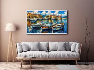 Luxury coastal harbor wall art with colorful fishing boats and soft water reflections in modern impressionist seaside painting style