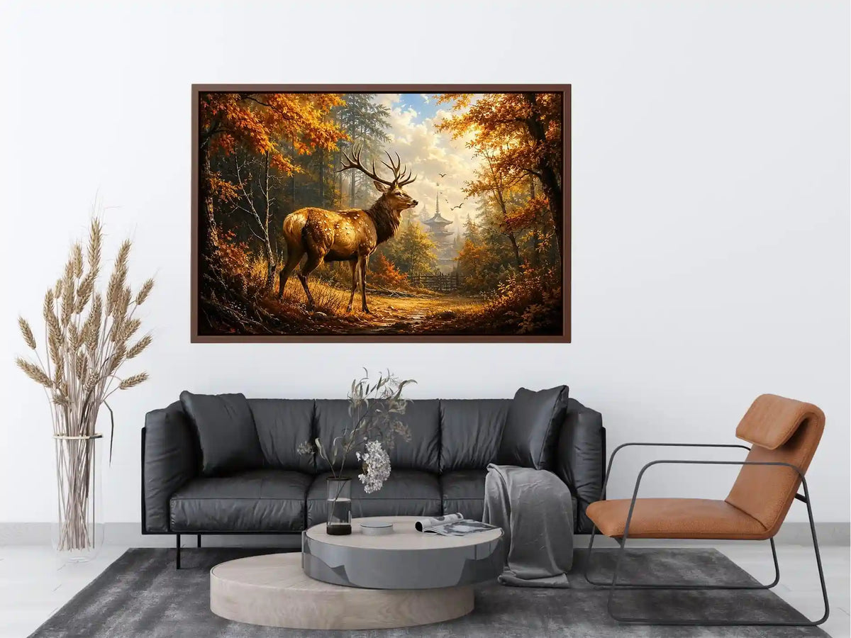 Luxury autumn deer wall art featuring majestic stag in golden woodland forest with warm cinematic landscape painting style