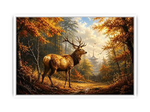 Luxury autumn deer wall art featuring majestic stag in golden woodland forest with warm cinematic landscape painting style