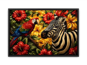 Tropical zebra wall art featuring colorful parrot exotic flowers and bold jungle wildlife in vibrant contemporary illustration style