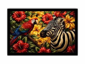 Tropical zebra wall art featuring colorful parrot exotic flowers and bold jungle wildlife in vibrant contemporary illustration style