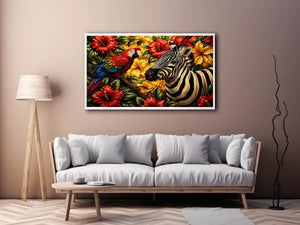 Tropical zebra wall art featuring colorful parrot exotic flowers and bold jungle wildlife in vibrant contemporary illustration style