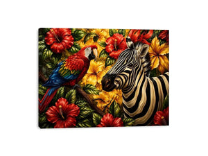 Tropical zebra wall art featuring colorful parrot exotic flowers and bold jungle wildlife in vibrant contemporary illustration style