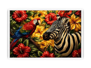Tropical zebra wall art featuring colorful parrot exotic flowers and bold jungle wildlife in vibrant contemporary illustration style