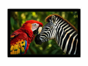 Exotic zebra and parrot wall art featuring vibrant tropical bird and striking black white zebra portrait in modern wildlife style