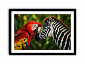Exotic zebra and parrot wall art featuring vibrant tropical bird and striking black white zebra portrait in modern wildlife style