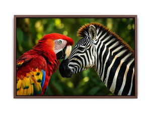 Exotic zebra and parrot wall art featuring vibrant tropical bird and striking black white zebra portrait in modern wildlife style