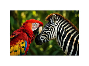 Exotic zebra and parrot wall art featuring vibrant tropical bird and striking black white zebra portrait in modern wildlife style