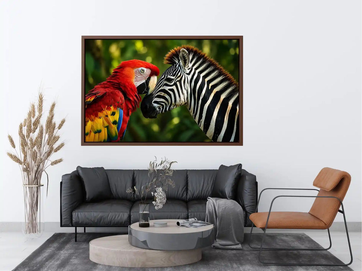 Exotic zebra and parrot wall art featuring vibrant tropical bird and striking black white zebra portrait in modern wildlife style