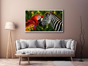 Exotic zebra and parrot wall art featuring vibrant tropical bird and striking black white zebra portrait in modern wildlife style