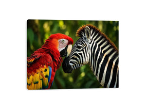 Exotic zebra and parrot wall art featuring vibrant tropical bird and striking black white zebra portrait in modern wildlife style