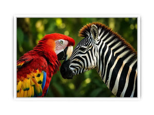 Exotic zebra and parrot wall art featuring vibrant tropical bird and striking black white zebra portrait in modern wildlife style