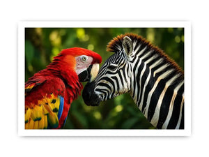 Exotic zebra and parrot wall art featuring vibrant tropical bird and striking black white zebra portrait in modern wildlife style