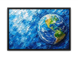 Modern abstract Earth wall art featuring vibrant blue cosmic textures and colorful planet design in contemporary space painting style