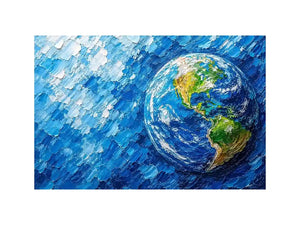 Modern abstract Earth wall art featuring vibrant blue cosmic textures and colorful planet design in contemporary space painting style