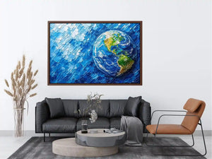 Modern abstract Earth wall art featuring vibrant blue cosmic textures and colorful planet design in contemporary space painting style