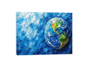 Modern abstract Earth wall art featuring vibrant blue cosmic textures and colorful planet design in contemporary space painting style