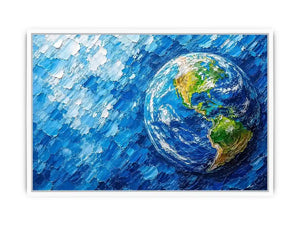 Modern abstract Earth wall art featuring vibrant blue cosmic textures and colorful planet design in contemporary space painting style