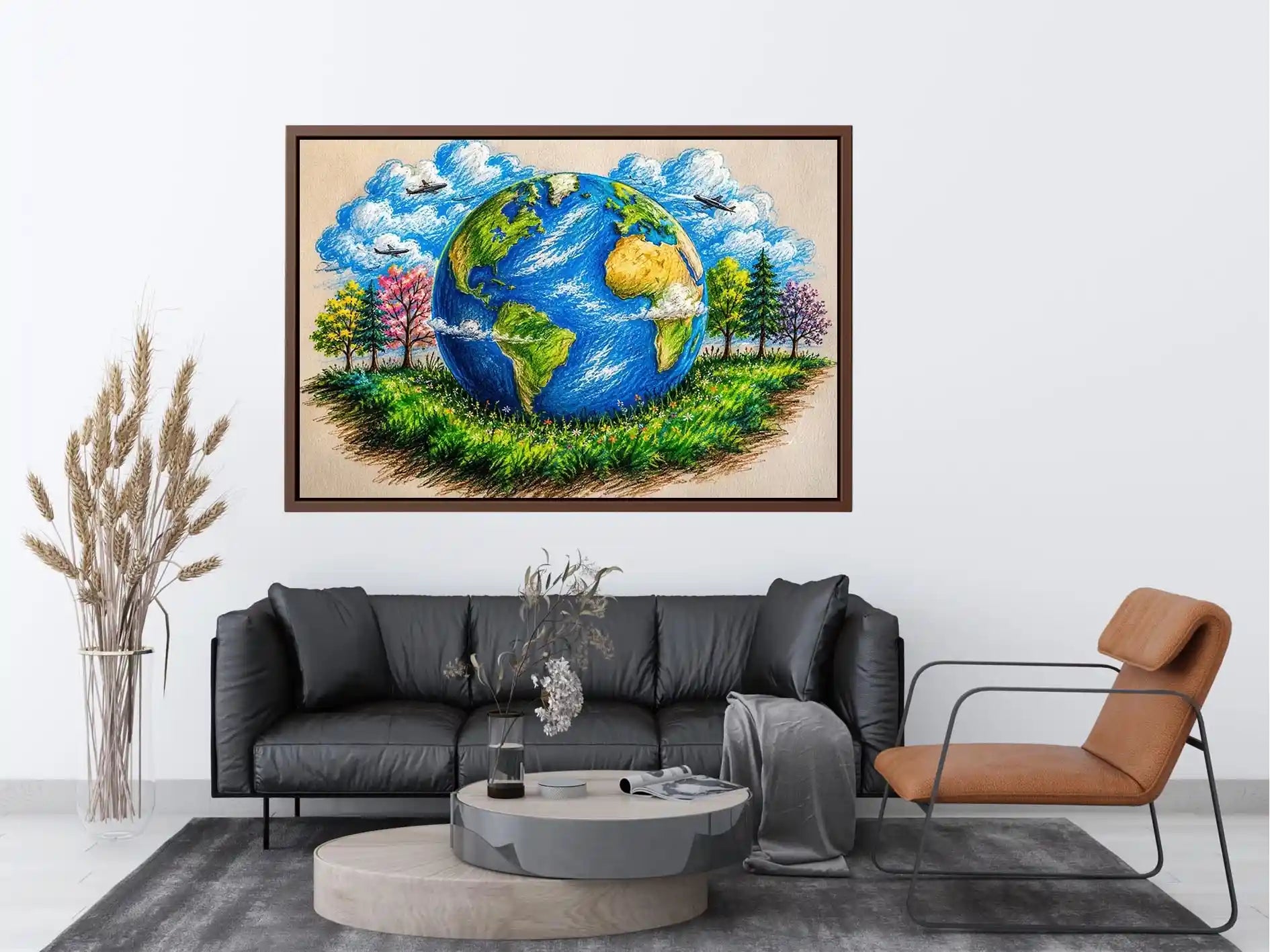 Colorful Earth Day wall art featuring illustrated globe nature trees and eco friendly environmental design in artistic sketch style