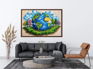 Colorful Earth Day wall art featuring illustrated globe nature trees and eco friendly environmental design in artistic sketch style