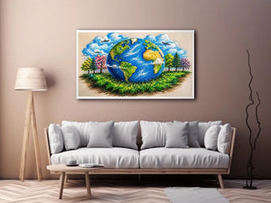 Colorful Earth Day wall art featuring illustrated globe nature trees and eco friendly environmental design in artistic sketch style