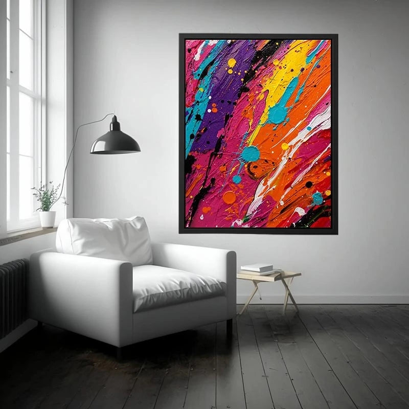 Vibrant colorful abstract wall art featuring expressive paint splashes and bold neon textures in contemporary modern style