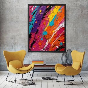 Vibrant colorful abstract wall art featuring expressive paint splashes and bold neon textures in contemporary modern style