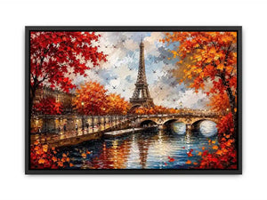 Paris autumn wall art featuring Eiffel Tower river reflections and vibrant fall foliage in romantic impressionist painting style