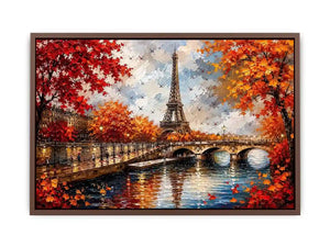 Paris autumn wall art featuring Eiffel Tower river reflections and vibrant fall foliage in romantic impressionist painting style