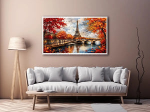 Paris autumn wall art featuring Eiffel Tower river reflections and vibrant fall foliage in romantic impressionist painting style