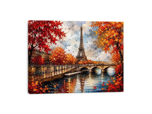 Paris autumn wall art featuring Eiffel Tower river reflections and vibrant fall foliage in romantic impressionist painting style